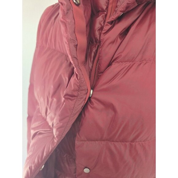 Athleta Lofty Goose Down Hooded Maple Burgundy Red Puffer Coat Zip Snap XS - Picture 6 of 16